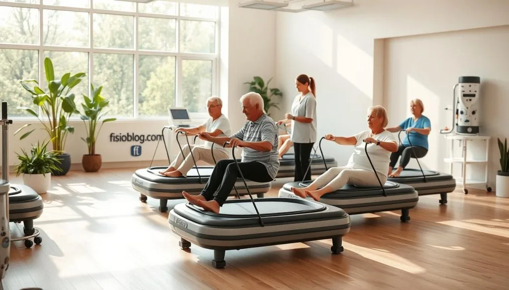 idosos e uma sala com Plataformas vibratorias