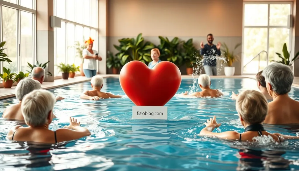 idosos na piscina com instrutor grupo de idosos na piscina com instrutor, com coração na piscina